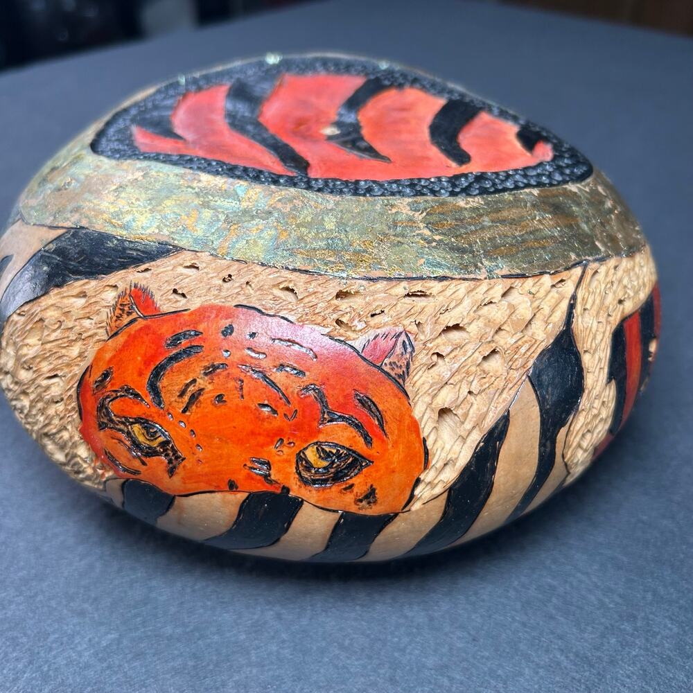 Gourd Art Trinket Bowl Carved with lid Signed Safari Tiger Hand Painted B Letter